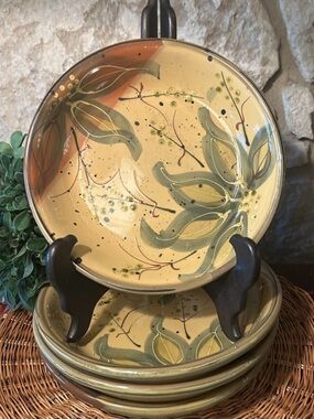 4 Certified International Pasta Salad Bowls Ceramic Rustic Foliage Motif 9.5"